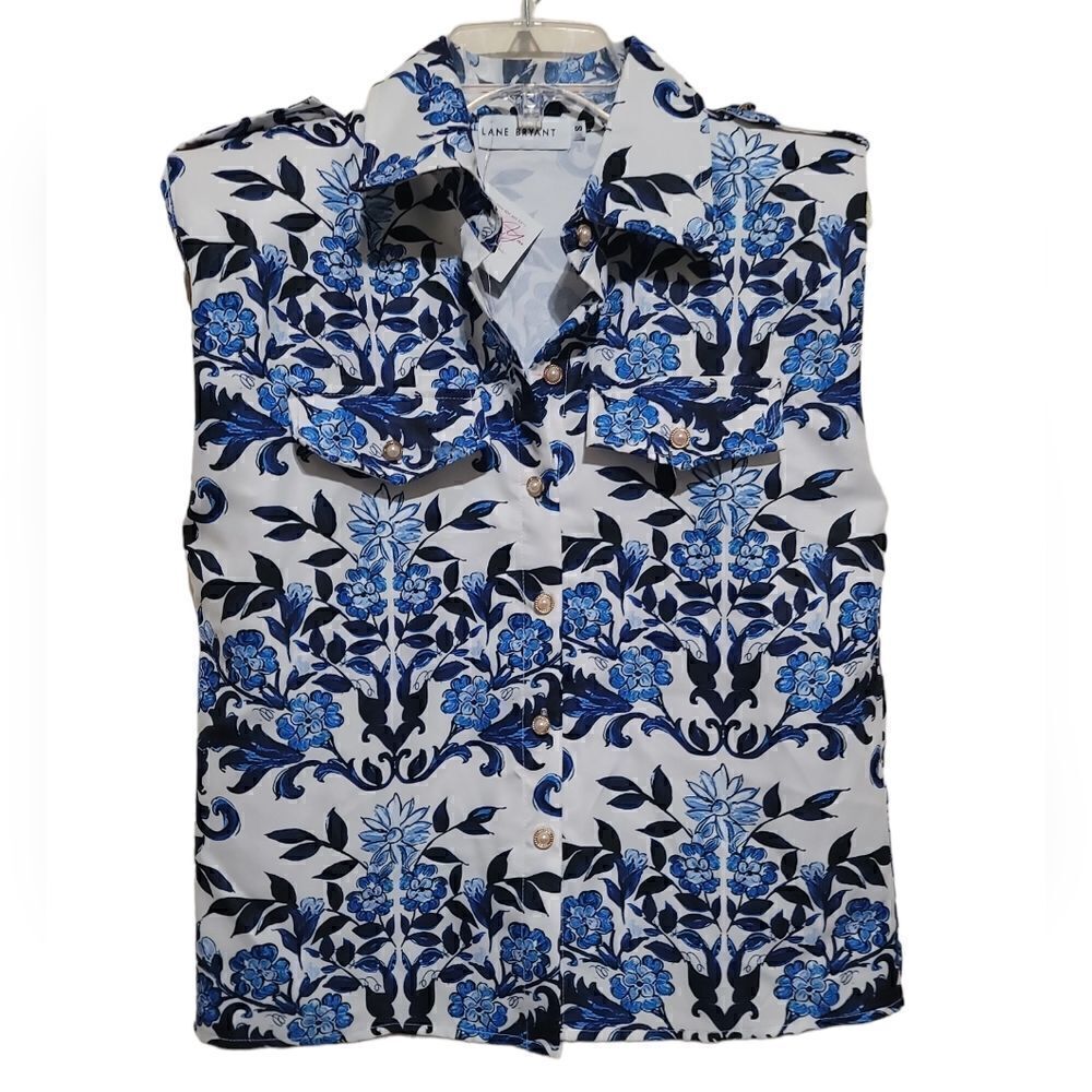 Lane Bryant Blue and White Padded Shoulder Sleeveless Shirt Sz Small NWT